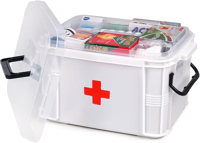 HEY FOLY 15qt White Medicine Organizer Storage Box with Tray, Plastic First Aid Box Empty, Thickened Medicine Container Chest, Multipurpose Medical Case with Labels, Medicine Caddy with Lids Handles