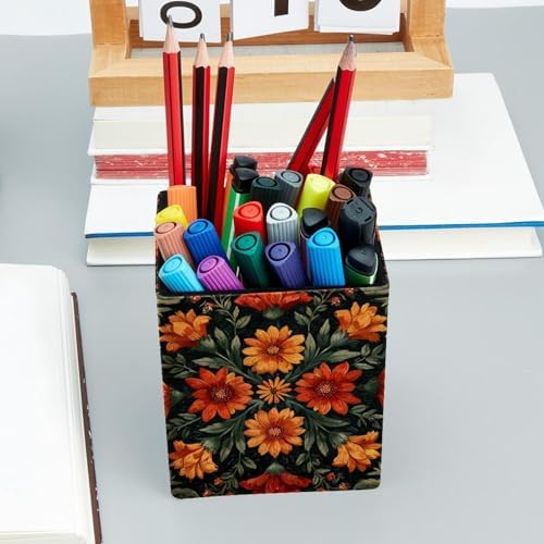 Artistic Flower Pen Holder for Desk Decor, Rectangular PVC Leather Pencil Cup for Desk Pen Organizer, Makeup Brush Holder for School, Home, Office