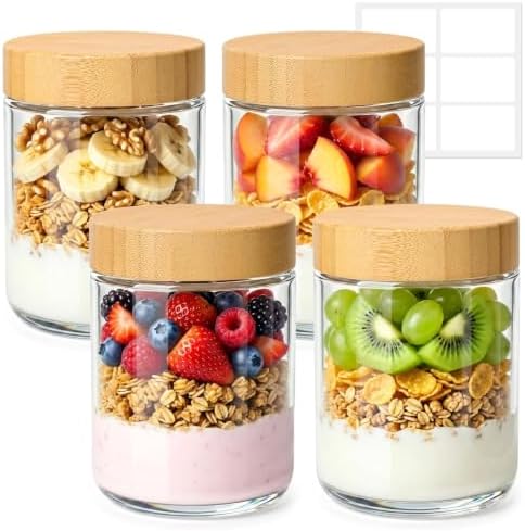 ComSaf Overnight Oats Containers with Lids 16 oz, Small Glass Jars 4 Pack | Mason Jar, Plastic Liner, Portable Yogurt Containers, Leakproof and Reusable Storage Jar, Oat, Meal Prep, Salad, Chia Pudding