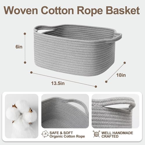 Cute Gray Gift Basket, Woven Baskets for Gifts Empty, Cotton Rope Storage Bin for Organizing, Kids Cat Dog Toy Box, Baby Nursery Organizer, Wicker Easter Basket with Handle, Grey Room Decor