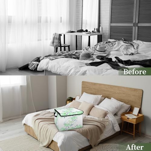 Green Floral Storage Bin with Lid Personalized Storage Baskets for Organizing Foldable Closet Organizers with Handles,Cute Basket for Boys Girls for Clothes Blanket Pet Dog Toy Basket Storage (1 Pack)