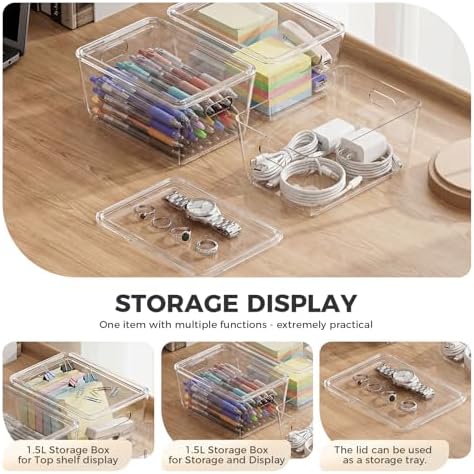 12 Pack White Storage Bins with Lids, PET Plastic Pantry Organizers and Storage, Small Storage Bins for Kitchen, Fridge, Bathroom, Office