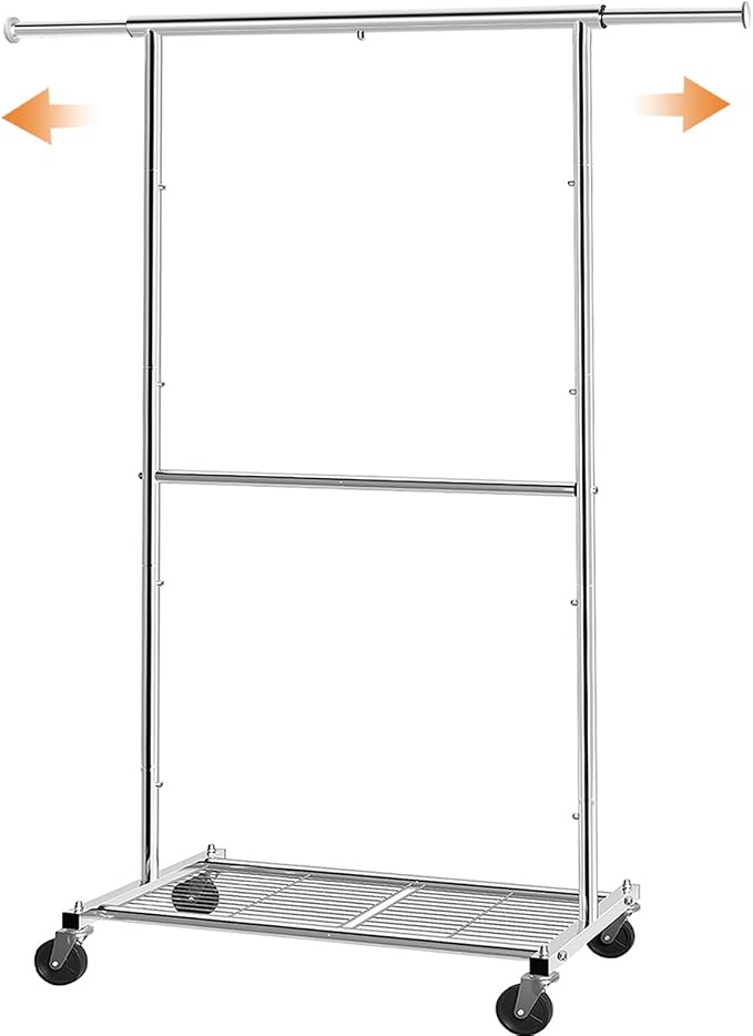 Simple Trending Clothing Garment Rack, Extendable Clothes Rack, Chrome | Double Rod Portable Closet, Mesh Storage Shelf, Waterproof and Rust-resistant, 360° Wheels, Bedroom, Laundry Room