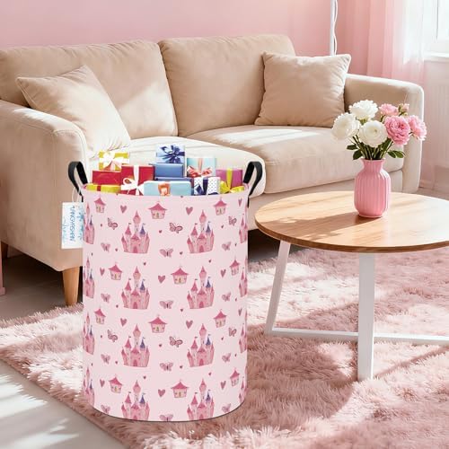 Round Laundry Basket Collapsible Storage Hamper Pink Castle | Waterproof Canvas Foldable Baskets with sturdy Handles Multi-scene Organizer for Home Play Bedroom Gift Bin
