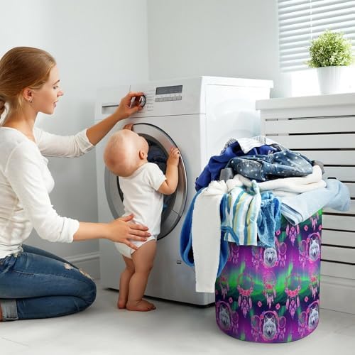 Large Foldable Laundry Basket Flower Dream Catcher Boho Wolf, Waterproof Hamper with Handles for Clothes, Toys, and Towel Organization at Home