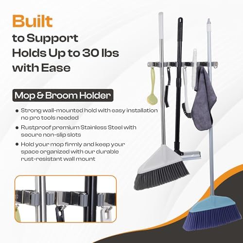 Stainless Steel Broom Holder Wall Mount, 4 Racks & 5 Hooks | Rust-resistant organizer for mops, brooms, tools and garden equipment, adjustable wall storage, silver