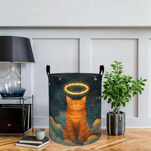 Angel Cat Laundry Basket Hamper, Organizer Bins Gifts for Women Kids, Cute Pet Foldable Waterproof Clothes Hamper Handles Storage Bucket for Bedroom Bathroom Room Decor 19.7"x15.7"