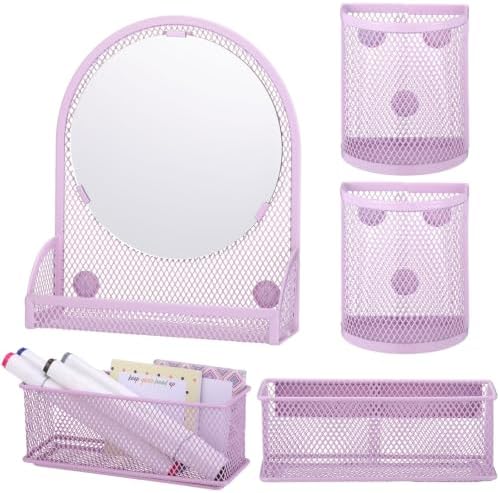 Weysat Set of 5 Magnetic Locker Accessories Mirror with 2 Magnetic Pen Holder and 2 Wire Mesh Storage Basket for Students Back to School Locker Organizer for Office End of School Years Gifts (Purple)