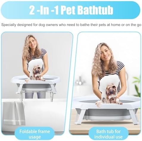2-in-1 Foldable Dog Bathtub with Stand & Storage Rack, 34" Elevated Pet Washing Station for Small Medium Dogs Cats, Collapsible Portable Shower Tub for Indoor Outdoor Bathing and Grooming (Grey)