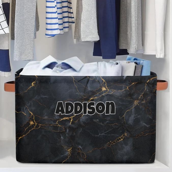 Custom Name Storage Bin, Personalized Rectangular Storage Basket with Handles for Organizing Boys Girls Toys Office Closet Shelf Baskets Dark Black Marble Texture with Golden Line