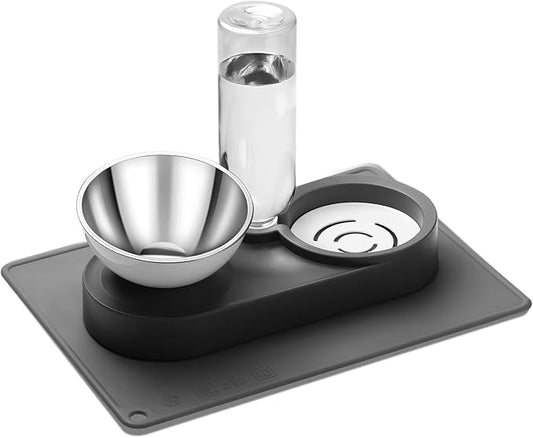 Marchul 2-in-1 Dog Bowl, Elevated Cat Food and Water Bowl with No-Spill Mat, 15° Tilt Stainless Steel Dish + 500ml Leak-Proof Bottle, Easy Clean Design (Dry/Wet Food & Water)