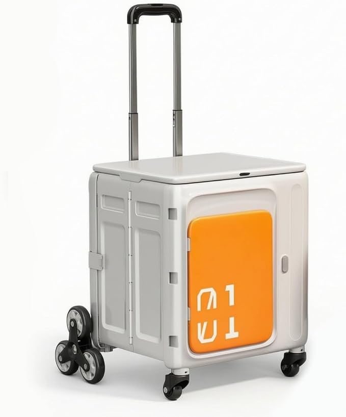 Rolling Crate with Lid Telescopic Foldable Rolling Crate Compact Trolley with Lid for Camp, Outdoor Travel, Orange White
