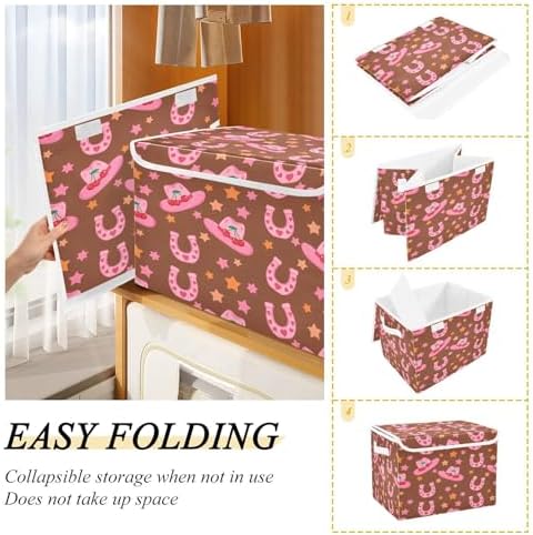 Pink Cowboy Hats Horseshoes Storage Bins with Lids Foldable Storage Basket with Handles Collapsible Large Fabric Organizer Containers for Clothes Shelves Closet Office Home