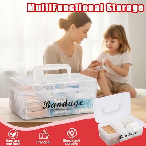 Bandage Organizer,3 Compartments Bandaid Holder with Lid & Handle,Bandaid Case for Home Medicine Cabinet, Office,Elastic Bandage Organizer Wrap,Cotton Swabs（White）