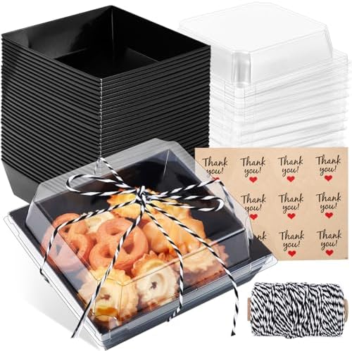 50 Pack Small Charcuterie Boxes with Clear Lids,5 inches Disposable Food Containers,Black Dessert Boxes with Thank You Stickers,Bakery Box for Sandwich, Strawberries,Cookie,Cake Slice(Black)