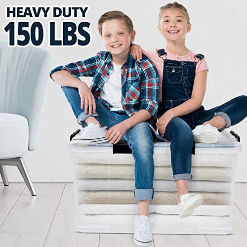 3-Pack Waterproof Plastic Storage Box, 90QT/85L Stackable Latch Box Durable Multi-Purpose Locking Bin with Lid and Black Clips for Bedding, Toys, Shoes and Clothes