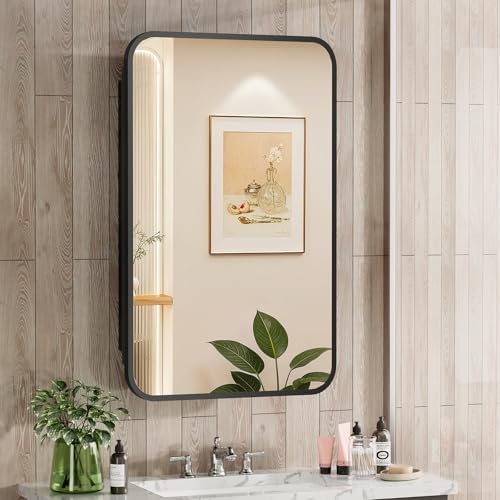ACEMIRO 16x24 Inch Black Mirror Medicine Cabinet Metal Framed Recessed Wall Mounted Bathroom Medicine Cabinet with Mirror and Storage