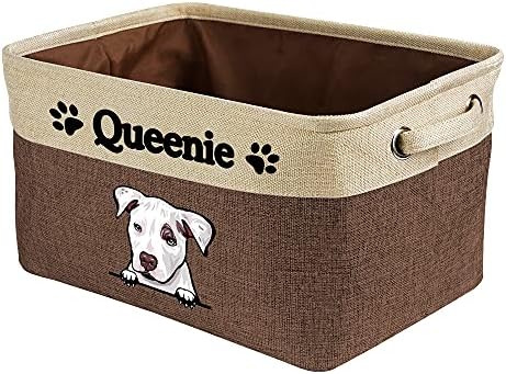 Personalized Storage Basket with Funny Dog Pit Bull Collapsible Sturdy Fabric Pet Toys Fabric Dog Toy Storage Bin Cube with Handles for Organizing, Brown and White