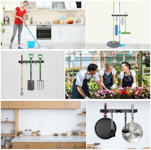 Huryfox Heavy-Duty Stainless Steel Broom Holder, Black, Wall Mount, 1-4 cm Diameter Compatible, Adjustable, 3 Racks, 2 Hooks, Space-Saving