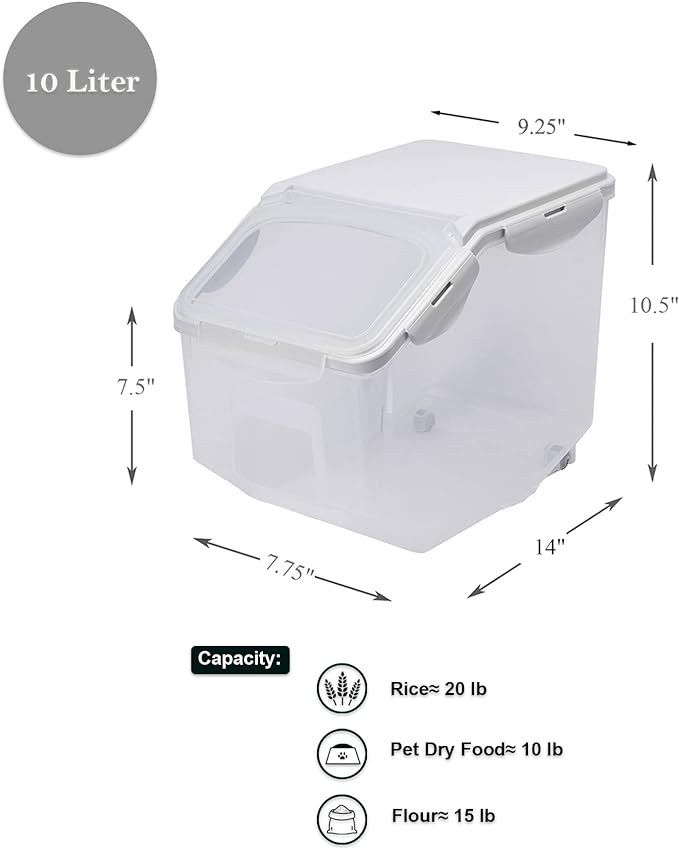 10 Liter / 20 lbs Rice Storage Container with Measuring Cup, BPA free, For Rice | Grain | Pet Food | Flour, 1 count, Clear