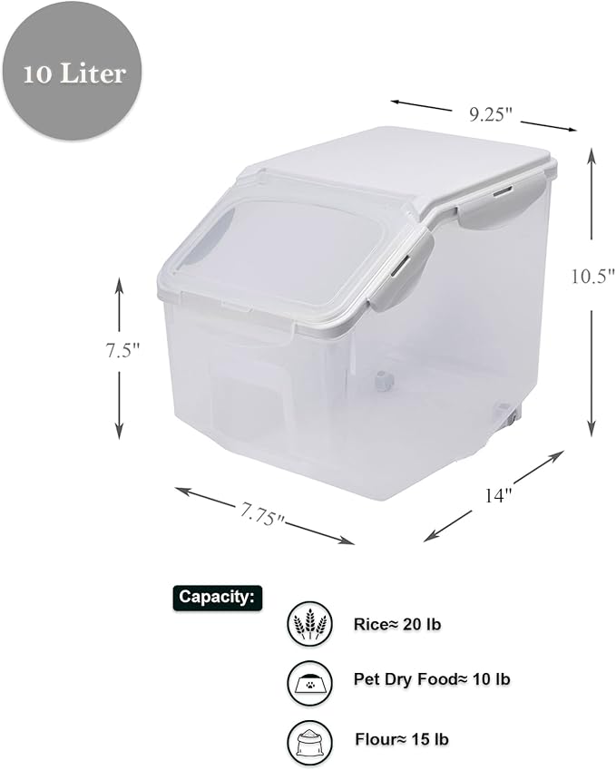 10 Liter / 20 lbs Rice Storage Container with Measuring Cup, BPA free, For Rice | Grain | Pet Food | Flour, 2 counts, Clear
