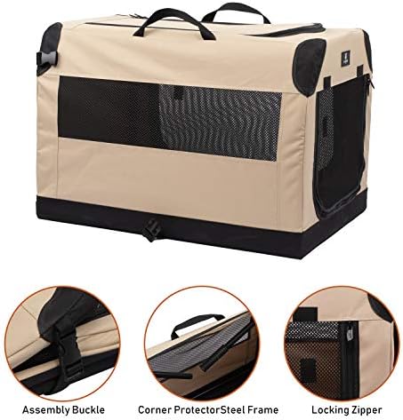 X-ZONE PET 3-Door Portable Soft-Sided Folding Soft Dog Travel Crate Collapsible Pet Kennel,Large, Tan, 32 x 23 x 23 Inches