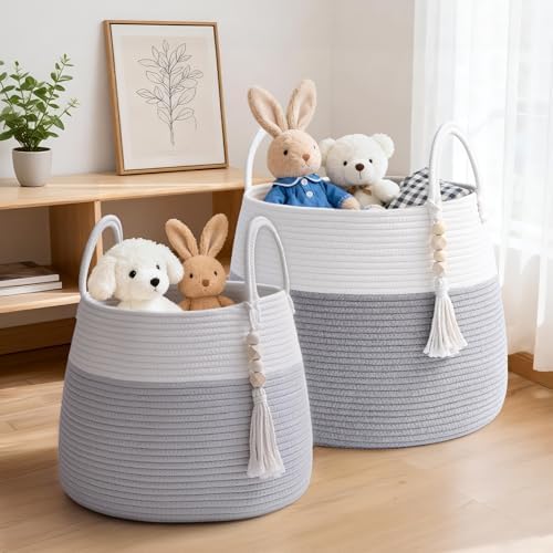 Large Nursery Hamper, 60L Blanket Basket with Handle, Baby Laundry Basket for Gift, Toy, Clothes, Woven Storage Basket with Wooden Bead Decor, Baby Hamper for Nursery (Grey)