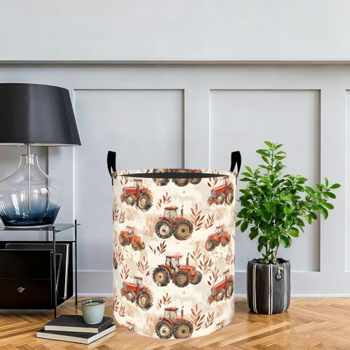 Farm Tractor Laundry Basket Hamper, Organizer Bins Gifts for Women Kids, Rustic Farm Vehicle Foldable Waterproof Clothes Hamper Handles Storage Bucket for Bedroom Bathroom Room Decor 19.7"x15.7"