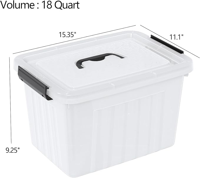 18 Quart Clear Plastic Latching Storage Box with Handle, 4-Pack | Stackable Plastic Organization Container Bins with Lids