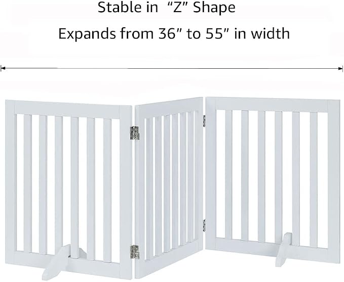 unipaws 24”H Free Standing Pet Gate for Dog Cat, 60”Wide Wooden Dog Gates | Foldable Pet Fence for Doorway, Stairs, Step, Expandable Doggy Barrier, Indoor Use, White