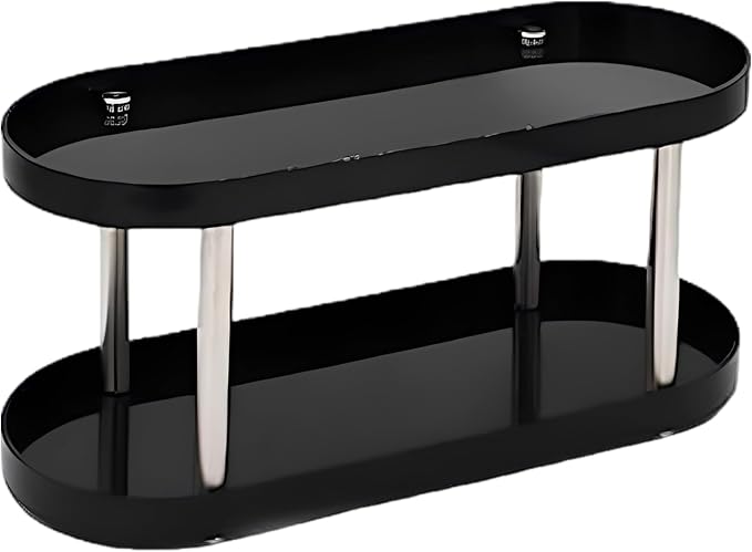 Desktop Organizer, Modern Double Layer Elliptical Storage Rack with Stable Dual Pillar Support, Makeup Desk Organizer for Vanity, Office, Kitchen Spice Countertop, Black and White