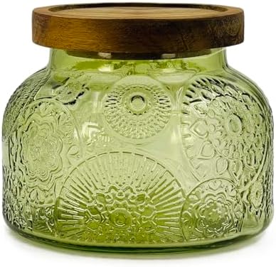 Decorative Green Embossed Glass Jar with Airtight Wooden Lid, 25.4 fl. oz | Wide mouth vintage storage canister, kitchen pantry bathroom organization, coffee sugar tea cookie candy candle vase gift