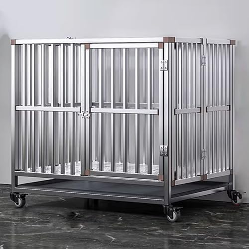 Large Foldable Dog Cage with Double Door Design, Stainless Steel, Lockable Wheels, Bottom Feeding, Removable Tray, Perfect for High Anxiety Dogs, 78x52x72cm