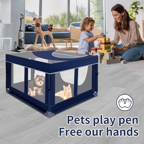 Dog Kitten Playpen with Play Pen Cover for Cat Indoor, 41 x41 x25.5 Puppy Playpen for Small Pet with See-Through Topper Proof Enclosed Door Dog Pen, Sturdy Warm Protable Play Pen for Cat