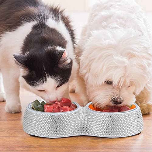eing Dog Bowls Double Dog Water and Food Bowls Stainless Steel Bowls with Non-Slip Resin Station and Bling Rhinestones, Pet Feeder Bowls for Puppy Medium Dogs Cats Puppy Pets,White