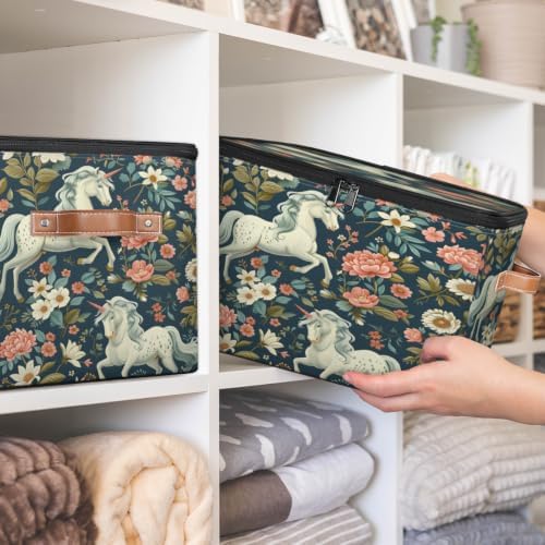 Floral Horse Storage Box with Zipper Lid | Collapsible, Fabric, Storage Bin, Handle, Large, Closet Organizer, Containers, Bedroom, Home, Horse