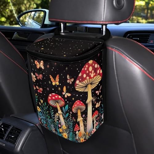 Butterfly Mushroom Car Trash Can with Lid car Accessories Leak Proof Car Trash Bag Hanging Car Garbage Can Multipurpose Storage Container for Back Seat Road Trip