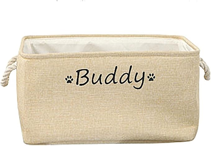 Dog Toy Storage Basket Bin with Personalized Pet's Name - Collapsible Rectangular Storage Box Chest Organizer for Dog Toys,Dog Coats,Dog Clothing,Dog Apparel & Accessories (Beige, S)