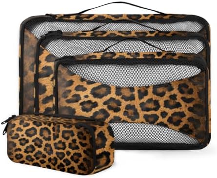 Leopard Print 4 Set Packing Cubes Luggage Organizer Bags for Travel Accessories and Essentials, Wild Safari Skin Pattern