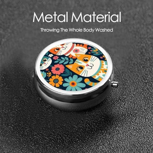 ZhongGuo Funny Cats Birds and Flowers Printed Pill Organizer,Round Travel Pill Organizer Mini Medicine Pill Box for Purse Iron Plating