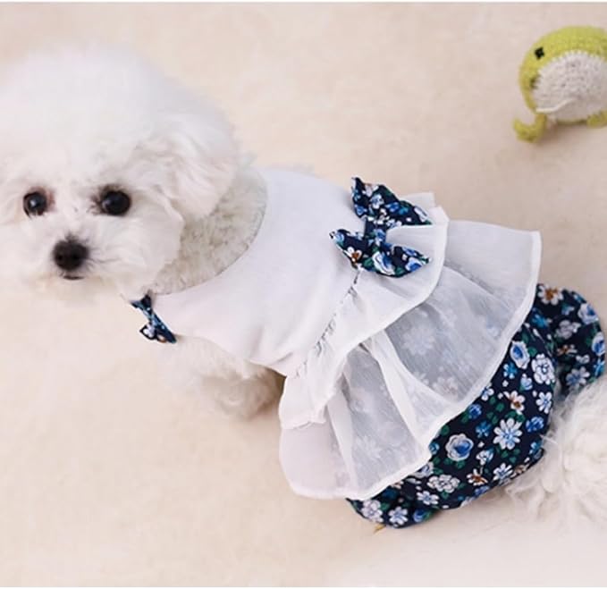 Vintage Floral Bowknot Sleeveless Romper for Small Dogs Cats Rabbits, Breathable Cotton Ruffle Flared Pants, Teacup to Small-Medium Pets for Walk Photo Vacation (Blue-Floral, Small)