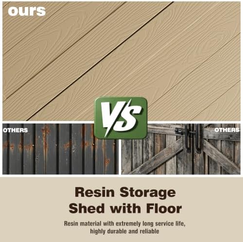 Horizontal Resin Storage Cabinet for Garage, 31 Cuft Waterproof Thickened Outdoor Resin Storage Shed with Floor & Lockable Double Doors for Patio, Garden and Trash Can, Khaki