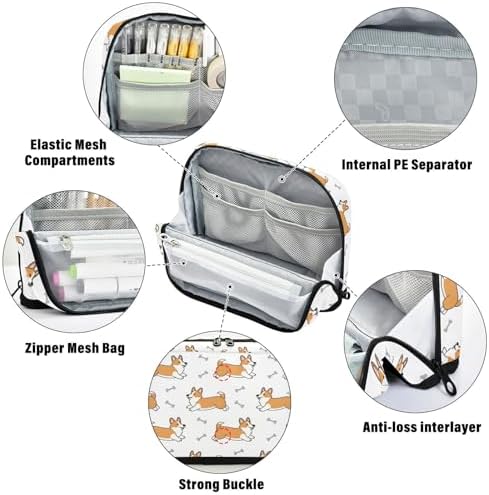 Emelivor Cute Pets Dogs White Print Large Capacity Pencil Case Stand Up Pencil Pouch for School Office Aesthetic Pen Organizer Bag with Pockets Portable Stationery Bag for Adults Kids Teens