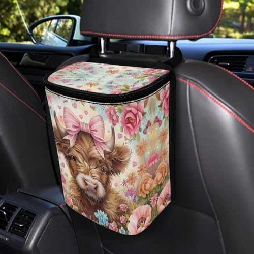 DISNIMO FlowerHighland Cow Car Trash Can with Lid Collapsible Reusable Car Garage Bag Trash Bin, Automotive Garbage Can,Car Accessories Interior Car Organizer, Pink