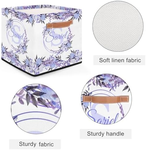 Personalized Storage Baskets for Organizing, Foldable Storage Bins with Handles Custom Cute Basket for Boys, Girls, Pet, Clothes, Blanket, Bedroom Nursery Toy Storage Gift,13 x13 x13 In, Purple Floral