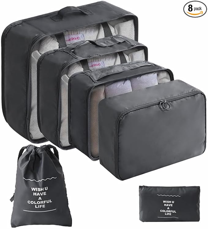 LANSKLBD 6/8 Set Packing Cubes for Suitcases Travel Luggage Packing Organizers,Travel Accessories Essentials Luggage Organizer with Shoe/Tioletry/Laundry Bag (Black, 6 set)