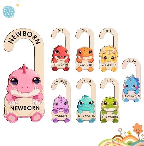 Baby Clothes Dividers for Closet - Wooden Baby Size Closet Dividers Newborn to 24 Months, Unique Dinosaur Design Babies Clothes Organizer for Nursery Decor Gender-Neutral Newborn Hangers (Set of 8)