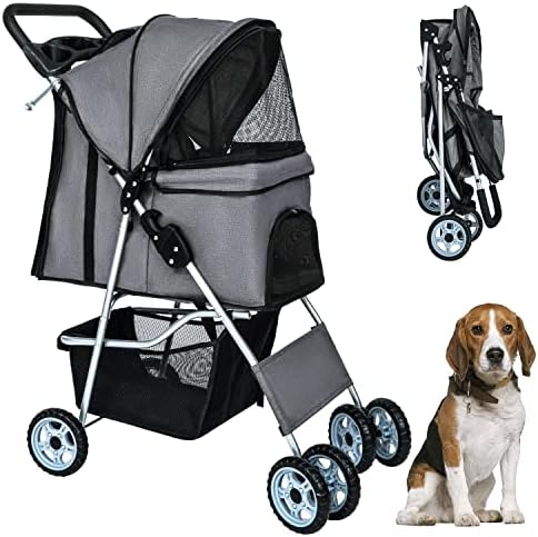 BestPet | 4-Wheel Foldable Pet Stroller | Grey | Lightweight & Portable | Travel Carrier with Mesh Windows, Storage Basket, Cup Holder, Safety Brakes, and Waterproof Fabric | For Small Dogs and Cats