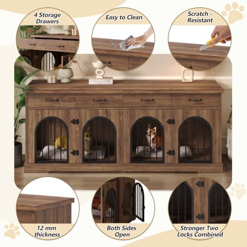 70.8" Large Dog Crate Furniture with Removable Divider/4 Storage Space | Multi‑Purpose Indoor Dog Kennel Works As Tv Stand End Table,Six Access Doors,For Small Medium Multi‑Dog Households