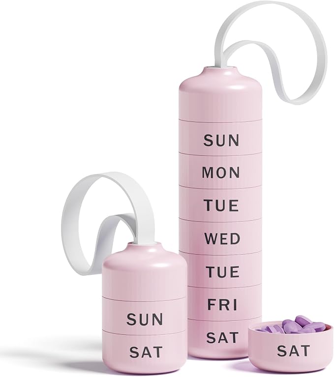 Betife Travel Pill Organizer, 7 Day Stackable Weekly Pill Case - Pink | Daily Pill Container with 7 Large Stackable Compartments, Sturdy ABS Snap-lock, No Metal-on-Metal Friction, Portable Pill Box